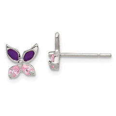 QE8639 Sterling Silver Pink CZ & Purple Enamel Butterfly Children's Post Earrings