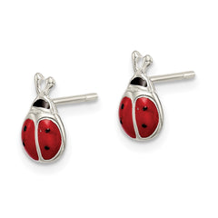 QE8641 Sterling Silver Polished Red/Black Enameled Ladybug Post Earrings
