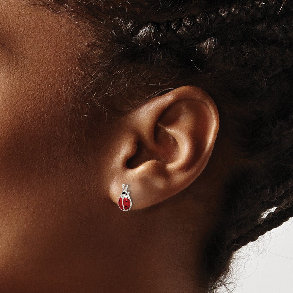 QE8641 Sterling Silver Polished Red/Black Enameled Ladybug Post Earrings