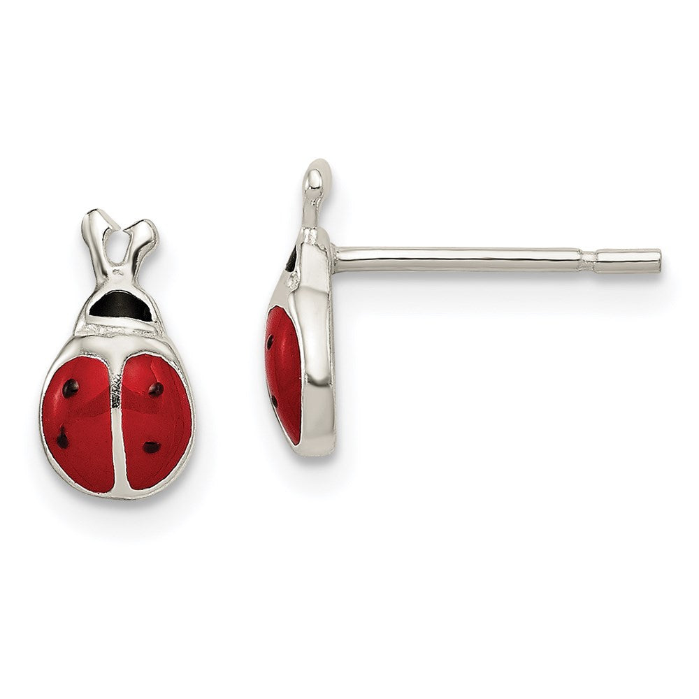 QE8641 Sterling Silver Polished Red/Black Enameled Ladybug Post Earrings