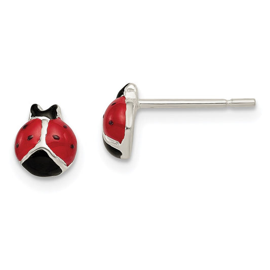 QE8642 Sterling Silver Polished Red/Black Enameled Ladybug Post Earrings