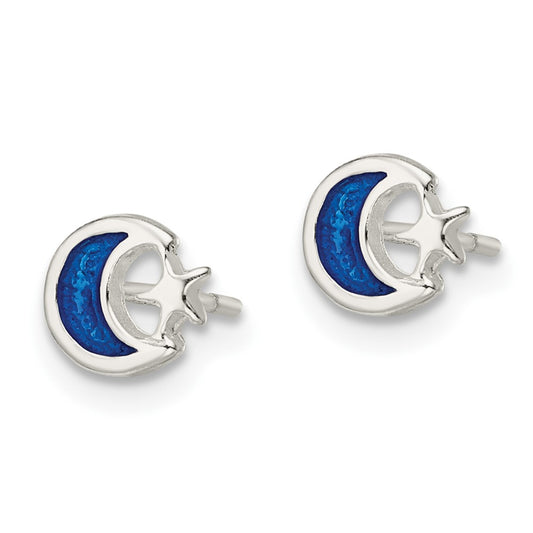 QE8643 Sterling Silver Polished Blue Enamel Moon & Star Children's Post Earrings