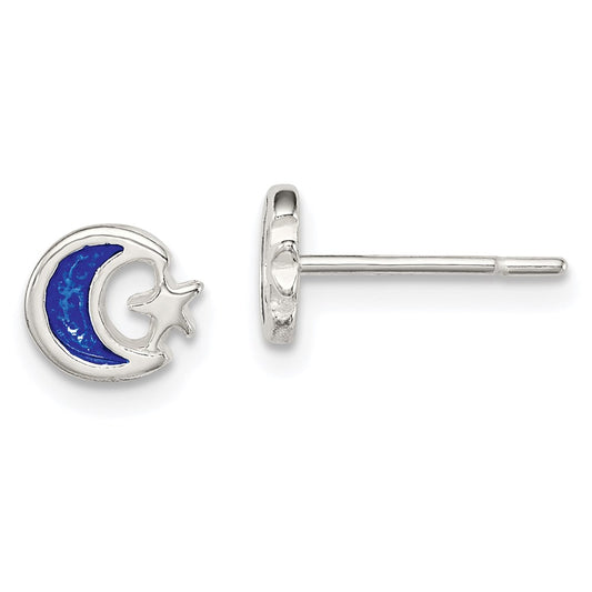 QE8643 Sterling Silver Polished Blue Enamel Moon & Star Children's Post Earrings