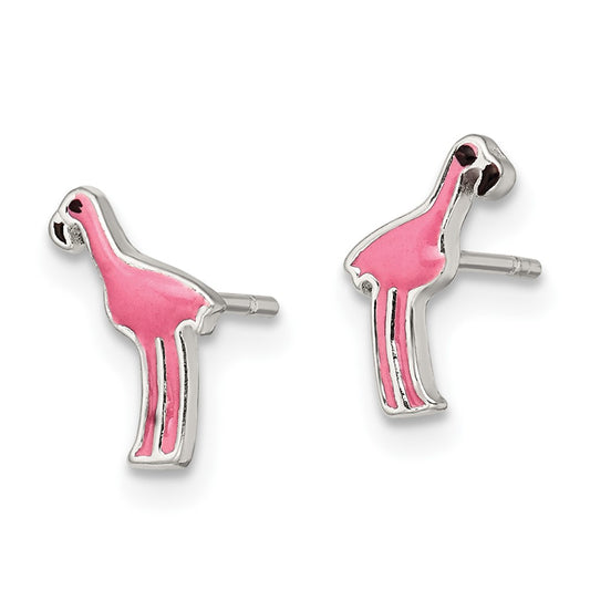 QE8665 Sterling Silver Polished Pink & Black Enameled Flamingo Post Earrings