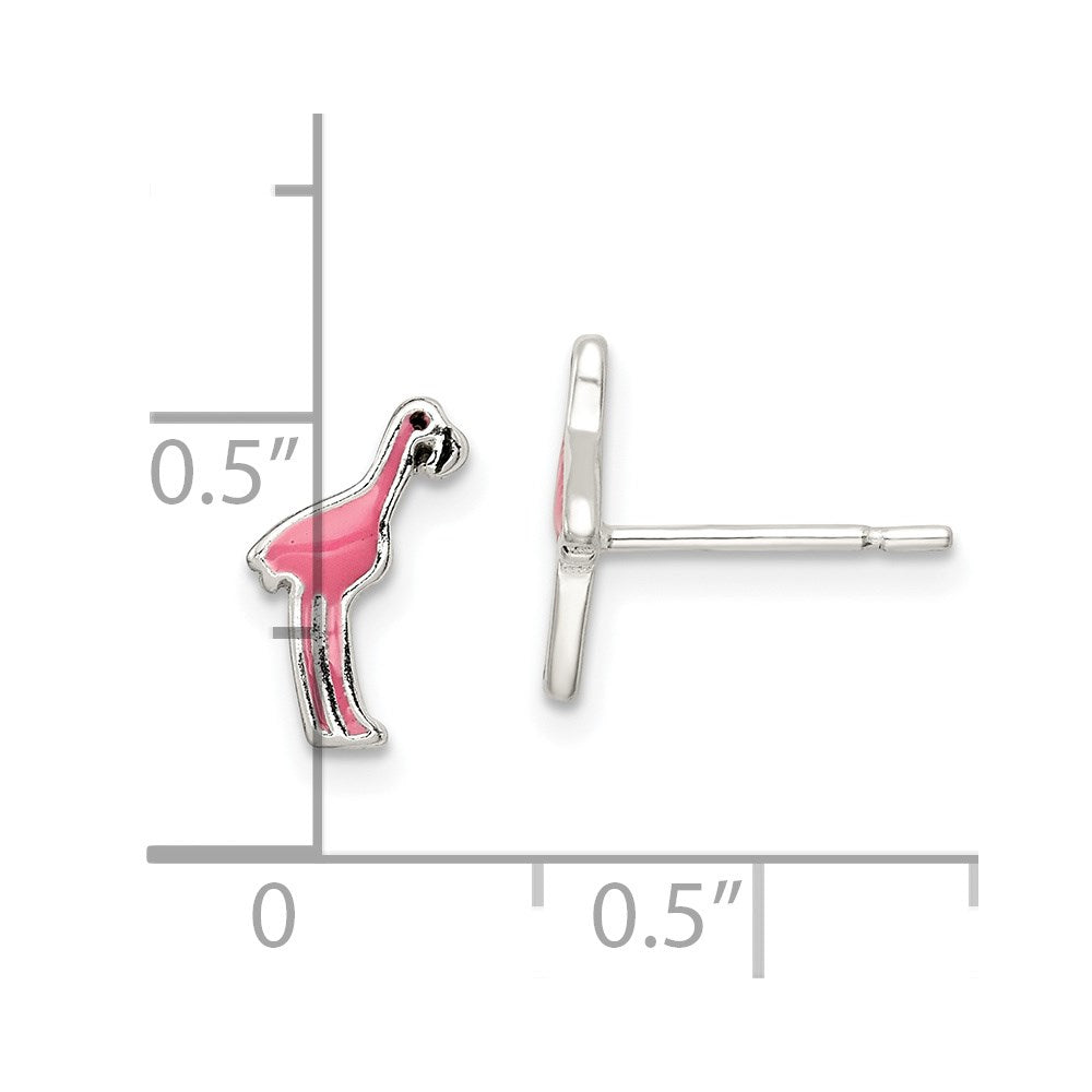 QE8665 Sterling Silver Polished Pink & Black Enameled Flamingo Post Earrings