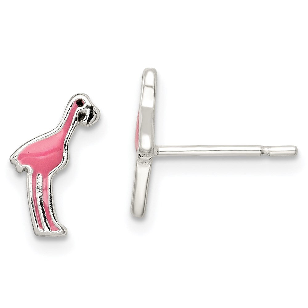 QE8665 Sterling Silver Polished Pink & Black Enameled Flamingo Post Earrings