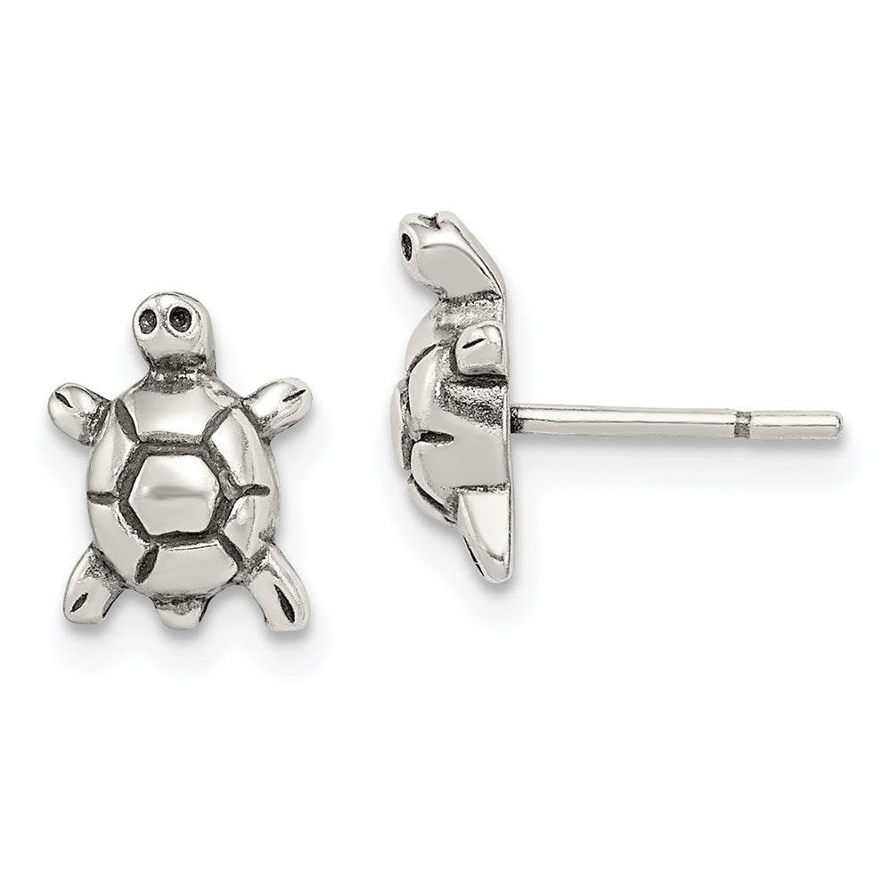 QE8667 Sterling Silver Polished & Antiqued Turtle Post Earrings
