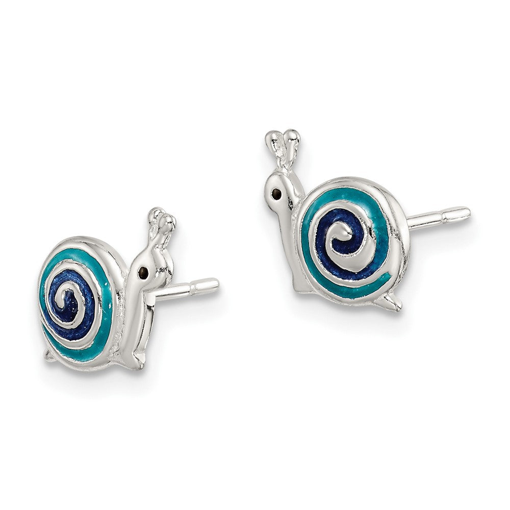 QE8670 Sterling Silver Polished Blue & Black Enameled Snail Post Earrings