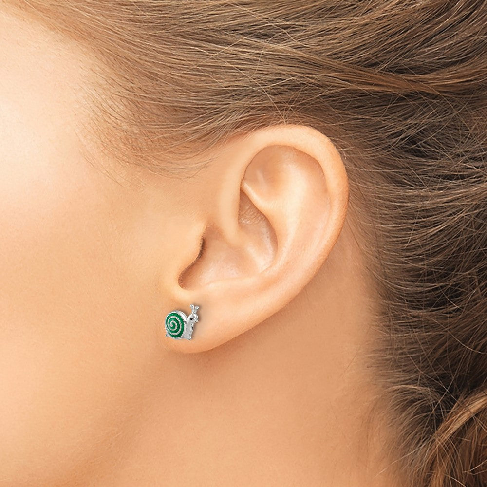 QE8671 Sterling Silver Polished Green & Black Enameled Snail Post Earrings