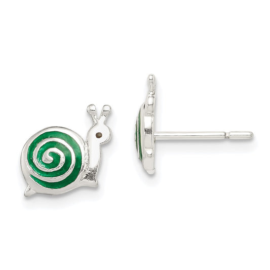 QE8671 Sterling Silver Polished Green & Black Enameled Snail Post Earrings