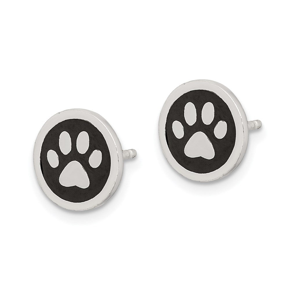 QE8680 Sterling Silver Polished Enamel Paw Print Post Earrings
