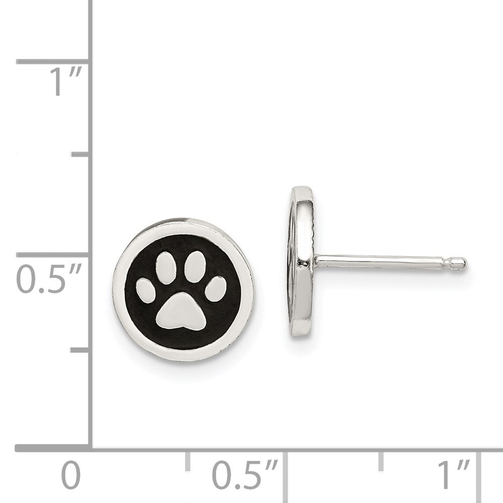 QE8680 Sterling Silver Polished Enamel Paw Print Post Earrings
