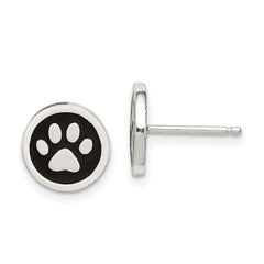 QE8680 Sterling Silver Polished Enamel Paw Print Post Earrings