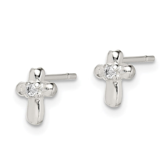 QE8683 Sterling Silver Polished Cross with CZ Post Earrings