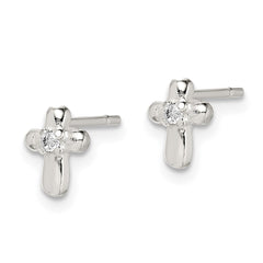 QE8683 Sterling Silver Polished Cross with CZ Post Earrings