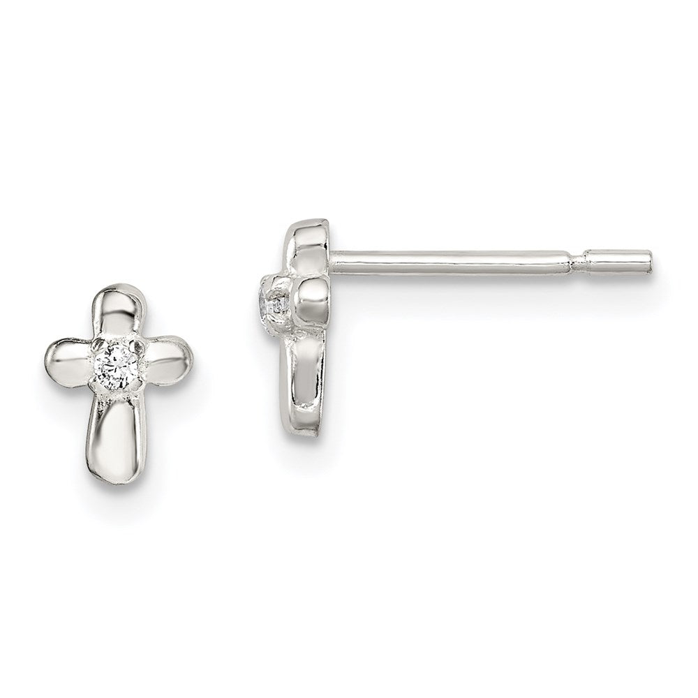 QE8683 Sterling Silver Polished Cross with CZ Post Earrings