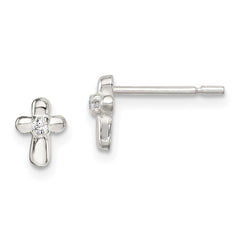 QE8683 Sterling Silver Polished Cross with CZ Post Earrings