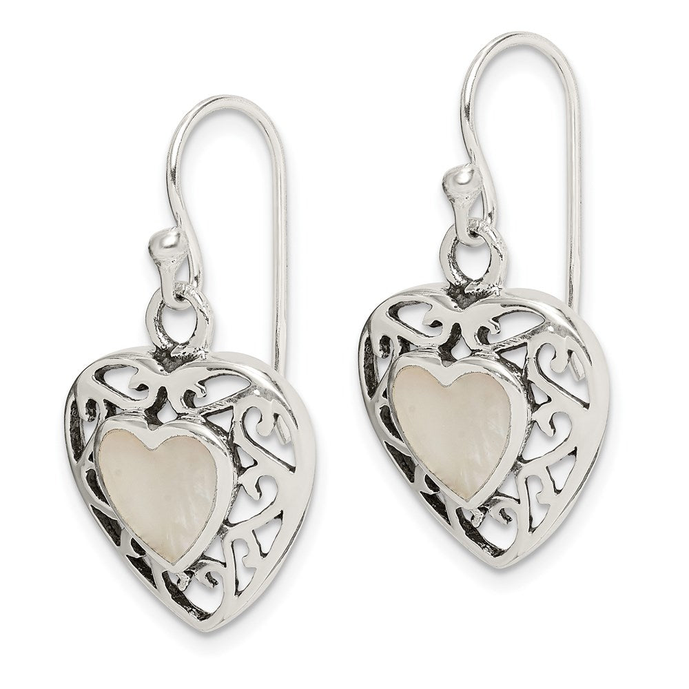 QE8716 Sterling Silver Antiqued Mother of Pearl Heart Dangle Earrings