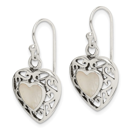 QE8716 Sterling Silver Antiqued Mother of Pearl Heart Dangle Earrings
