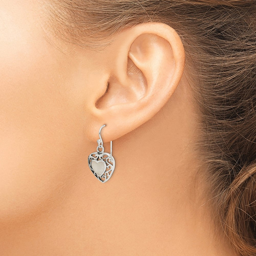 QE8716 Sterling Silver Antiqued Mother of Pearl Heart Dangle Earrings