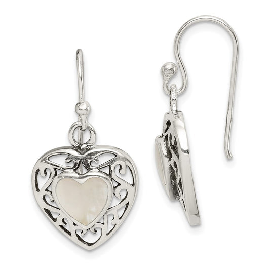 QE8716 Sterling Silver Antiqued Mother of Pearl Heart Dangle Earrings