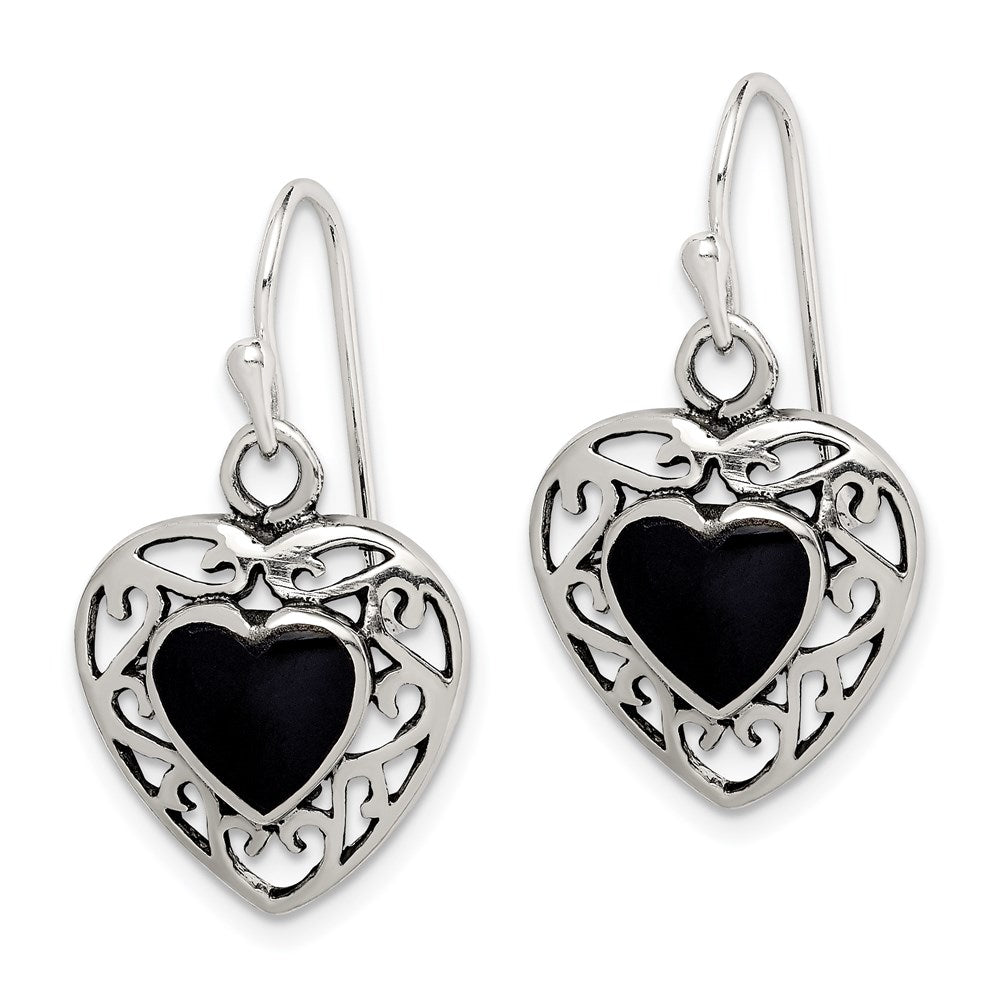 QE8717 Sterling Silver Antiqued Onyx Heart Dangle Earrings