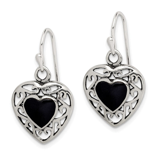 QE8717 Sterling Silver Antiqued Onyx Heart Dangle Earrings