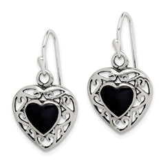 QE8717 Sterling Silver Antiqued Onyx Heart Dangle Earrings
