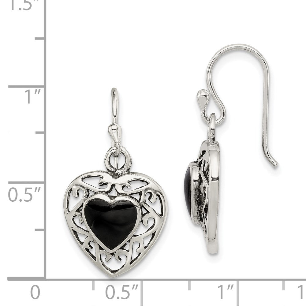QE8717 Sterling Silver Antiqued Onyx Heart Dangle Earrings