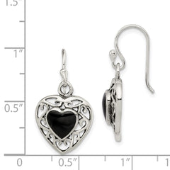 QE8717 Sterling Silver Antiqued Onyx Heart Dangle Earrings
