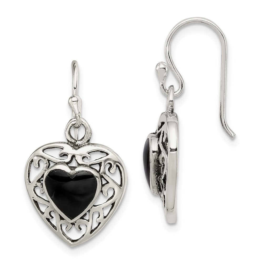 QE8717 Sterling Silver Antiqued Onyx Heart Dangle Earrings