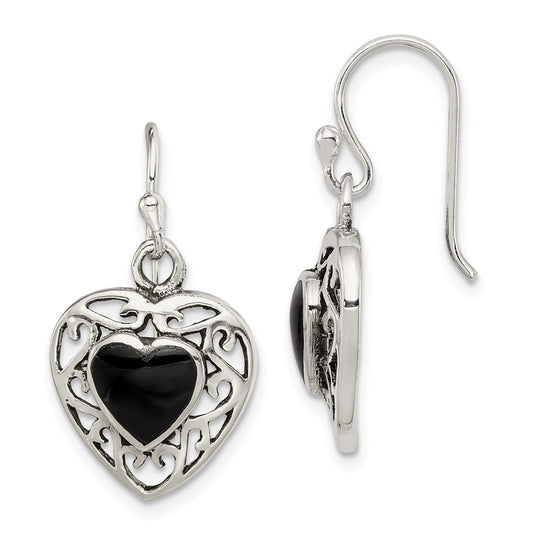 QE8717 Sterling Silver Antiqued Onyx Heart Dangle Earrings