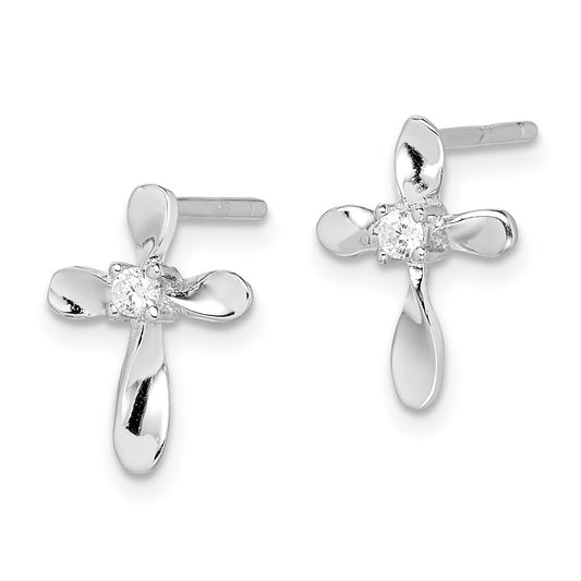 QE8813 Sterling Silver Rhodium-plated Polished CZ Cross Post Earrings
