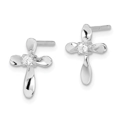 QE8813 Sterling Silver Rhodium-plated Polished CZ Cross Post Earrings