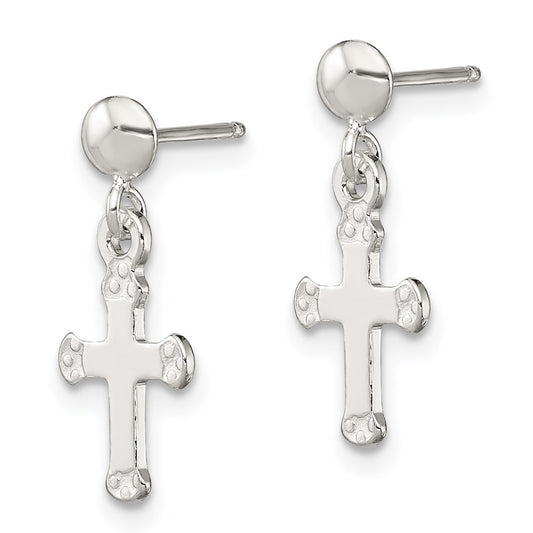 QE8815 Sterling Silver Polished Budded Cross Post Dangle Earrings