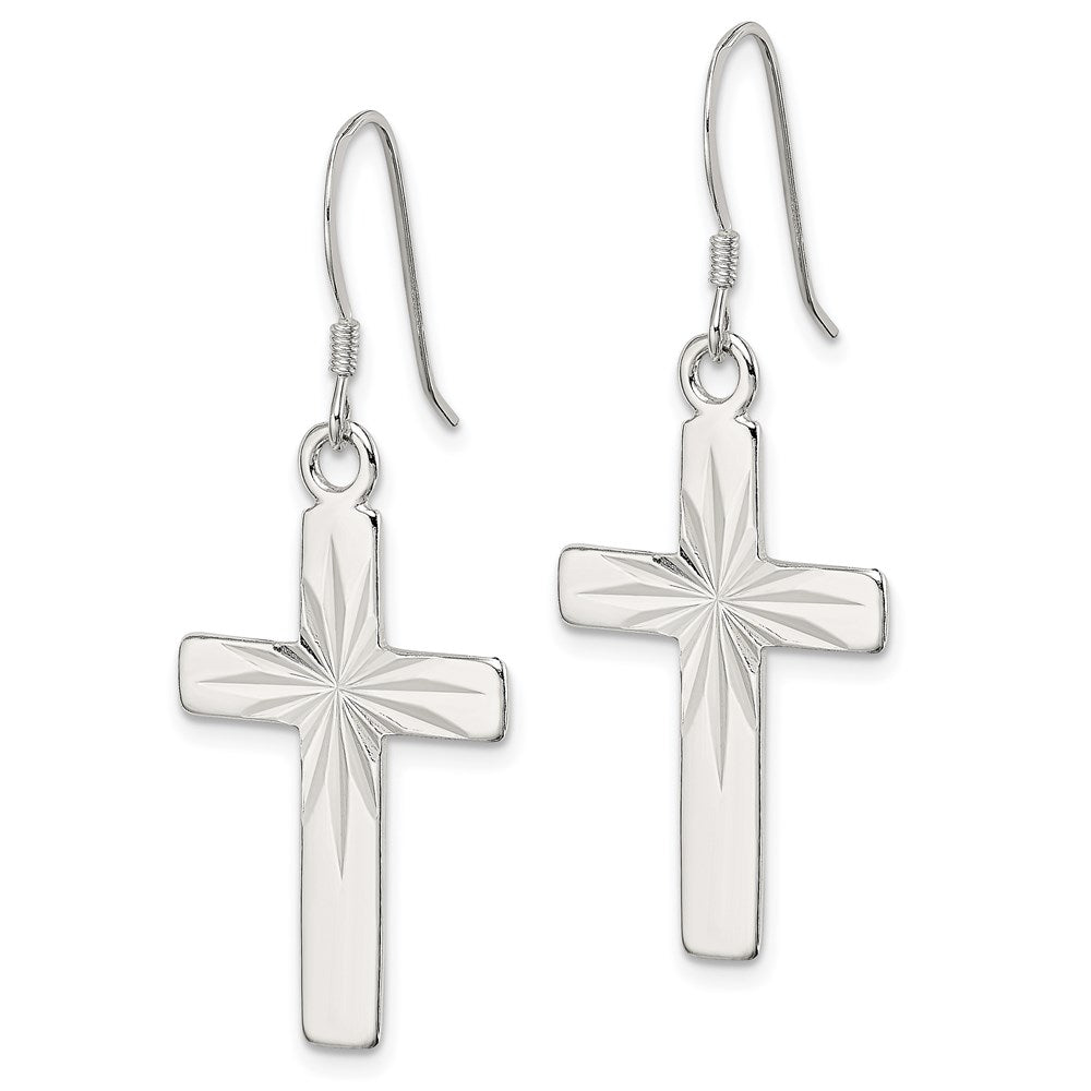 QE8819 Sterling Silver Polished & Diamond-cut Latin Cross Dangle Earrings