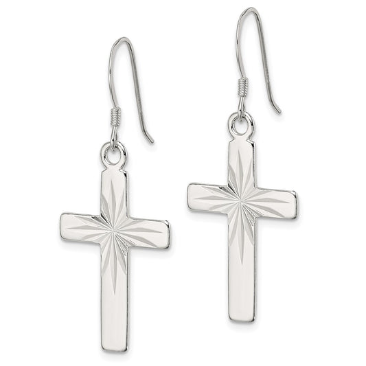 QE8819 Sterling Silver Polished & Diamond-cut Latin Cross Dangle Earrings