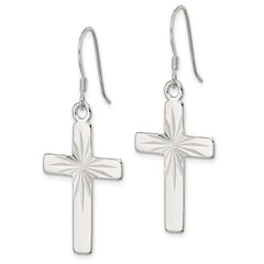 QE8819 Sterling Silver Polished & Diamond-cut Latin Cross Dangle Earrings