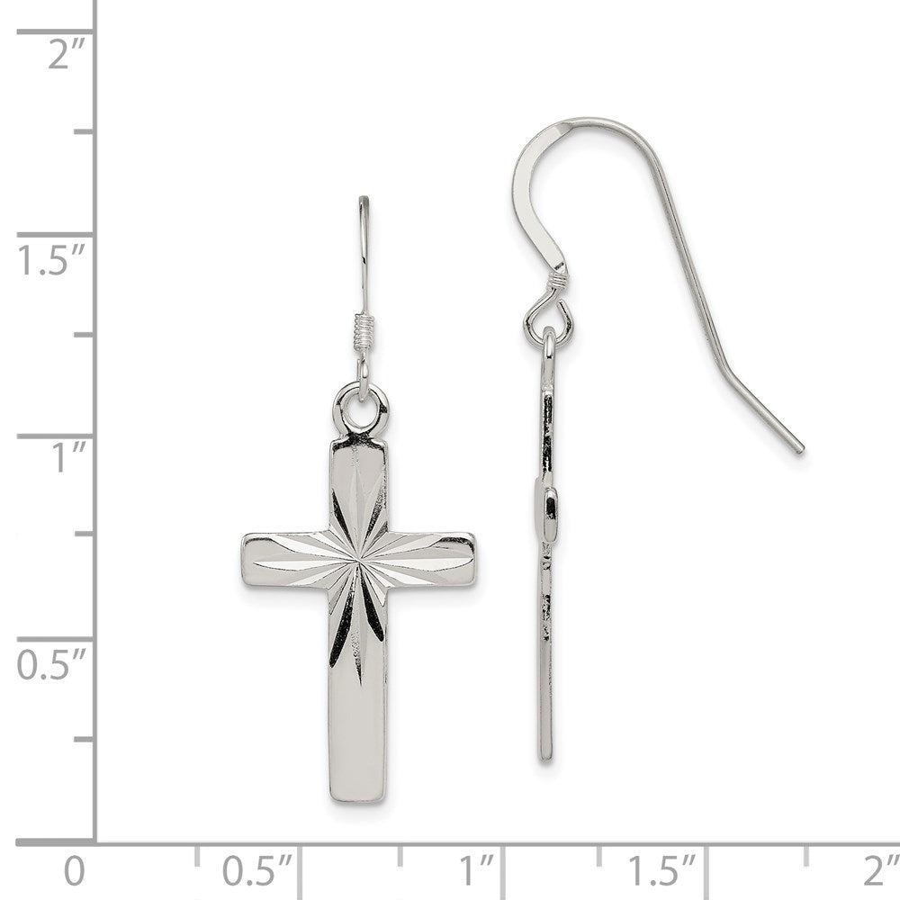 QE8819 Sterling Silver Polished & Diamond-cut Latin Cross Dangle Earrings