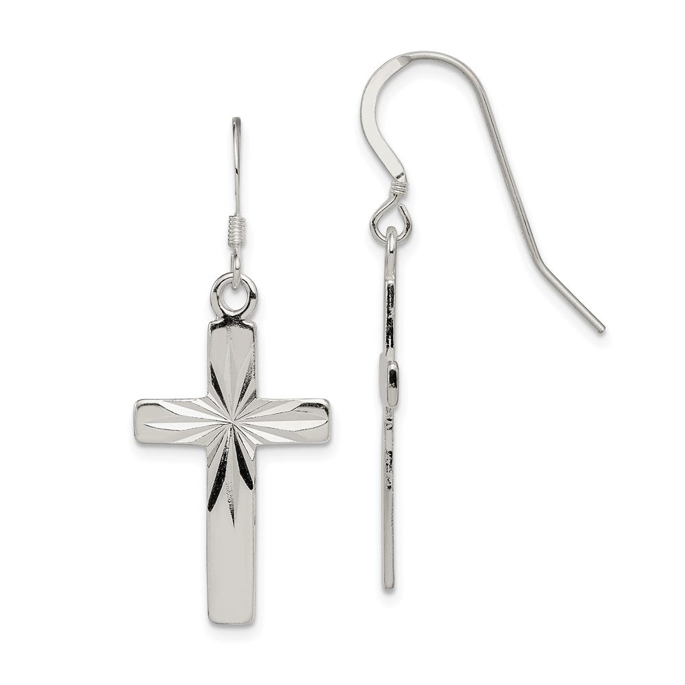 QE8819 Sterling Silver Polished & Diamond-cut Latin Cross Dangle Earrings