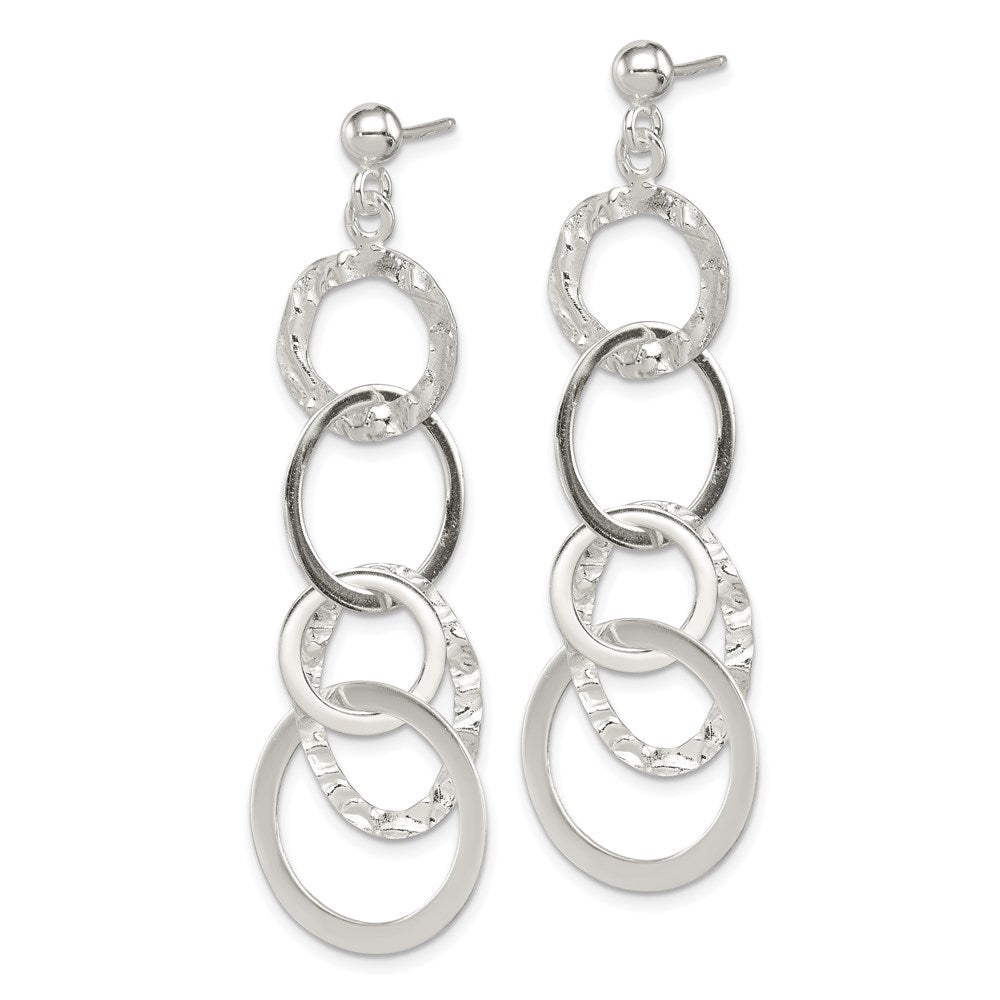 QE8871 Sterling Silver Polished and Hammered Circles Post Dangle Earrings