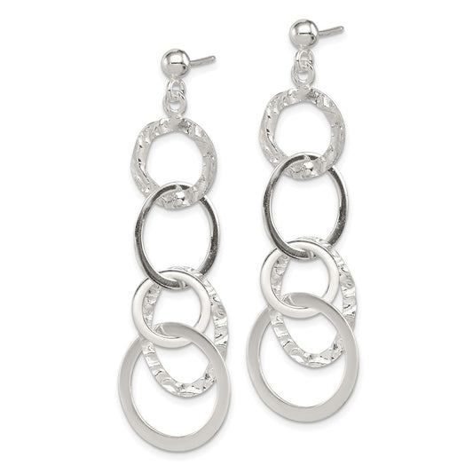 QE8871 Sterling Silver Polished and Hammered Circles Post Dangle Earrings