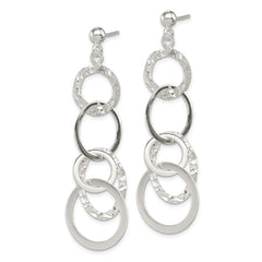QE8871 Sterling Silver Polished and Hammered Circles Post Dangle Earrings