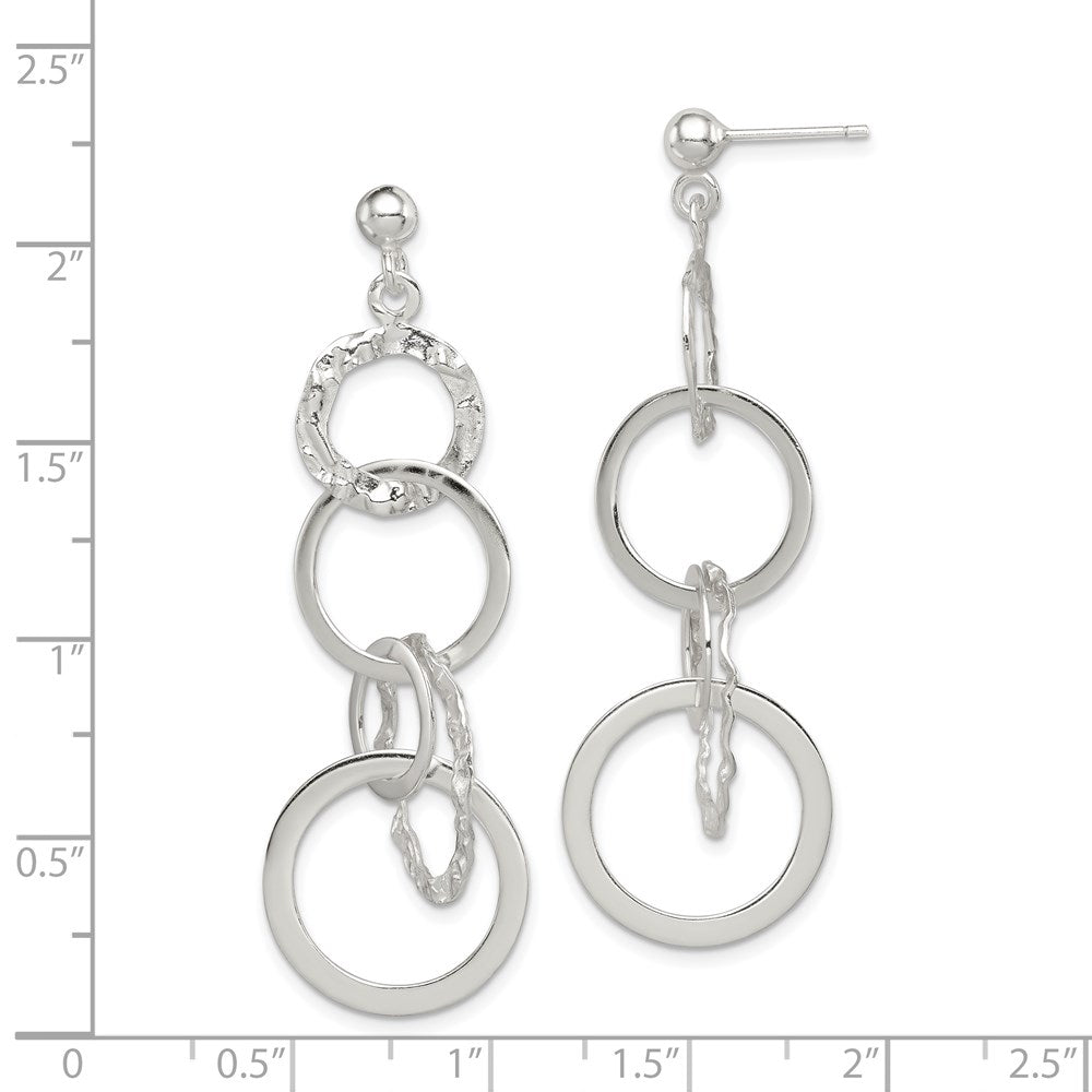 QE8871 Sterling Silver Polished and Hammered Circles Post Dangle Earrings