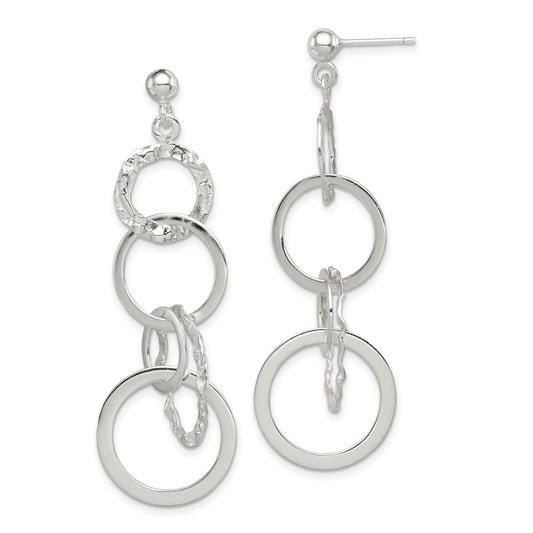 QE8871 Sterling Silver Polished and Hammered Circles Post Dangle Earrings