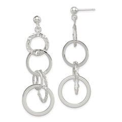 QE8871 Sterling Silver Polished and Hammered Circles Post Dangle Earrings