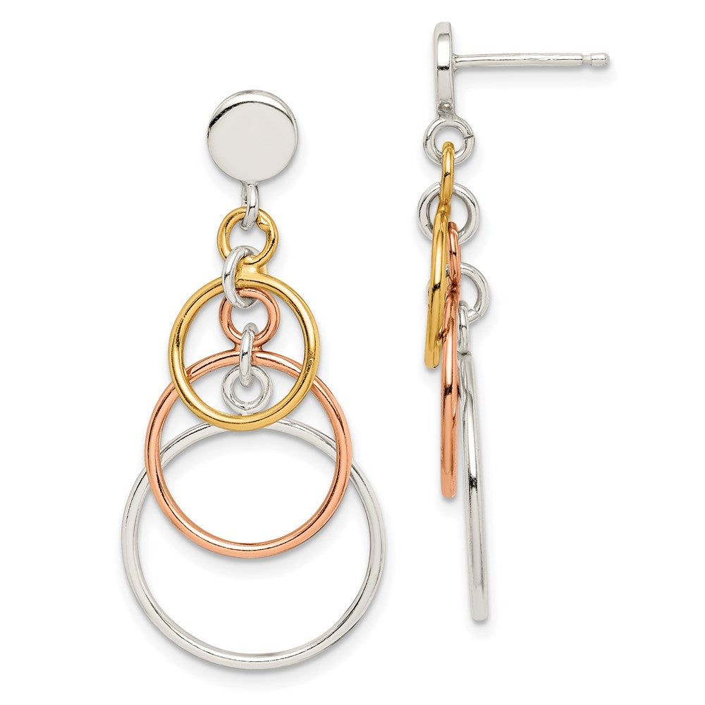 QE8876 Sterling Silver & Flash Yellow & Rose Gold-plated Circle Post Dangle Earrin