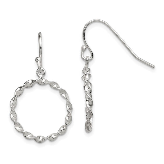 QE8880 Sterling Silver Polished & Twisted Circle Dangle Shepherd Hook Earrings
