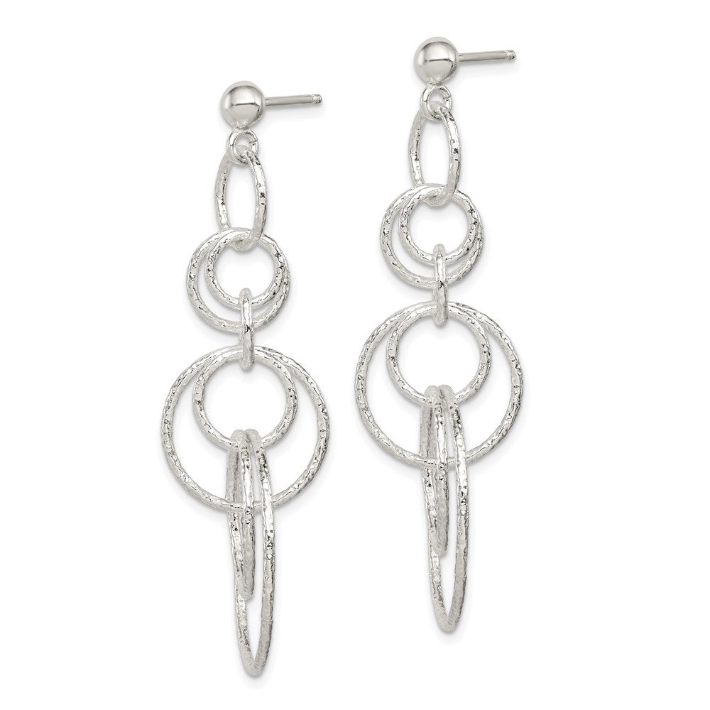 QE8887 Sterling Silver Polished & Textured Circle Links Post Dangle Earrings
