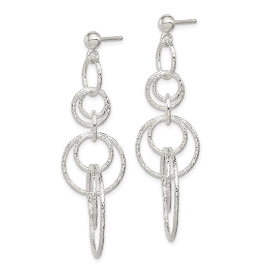 QE8887 Sterling Silver Polished & Textured Circle Links Post Dangle Earrings